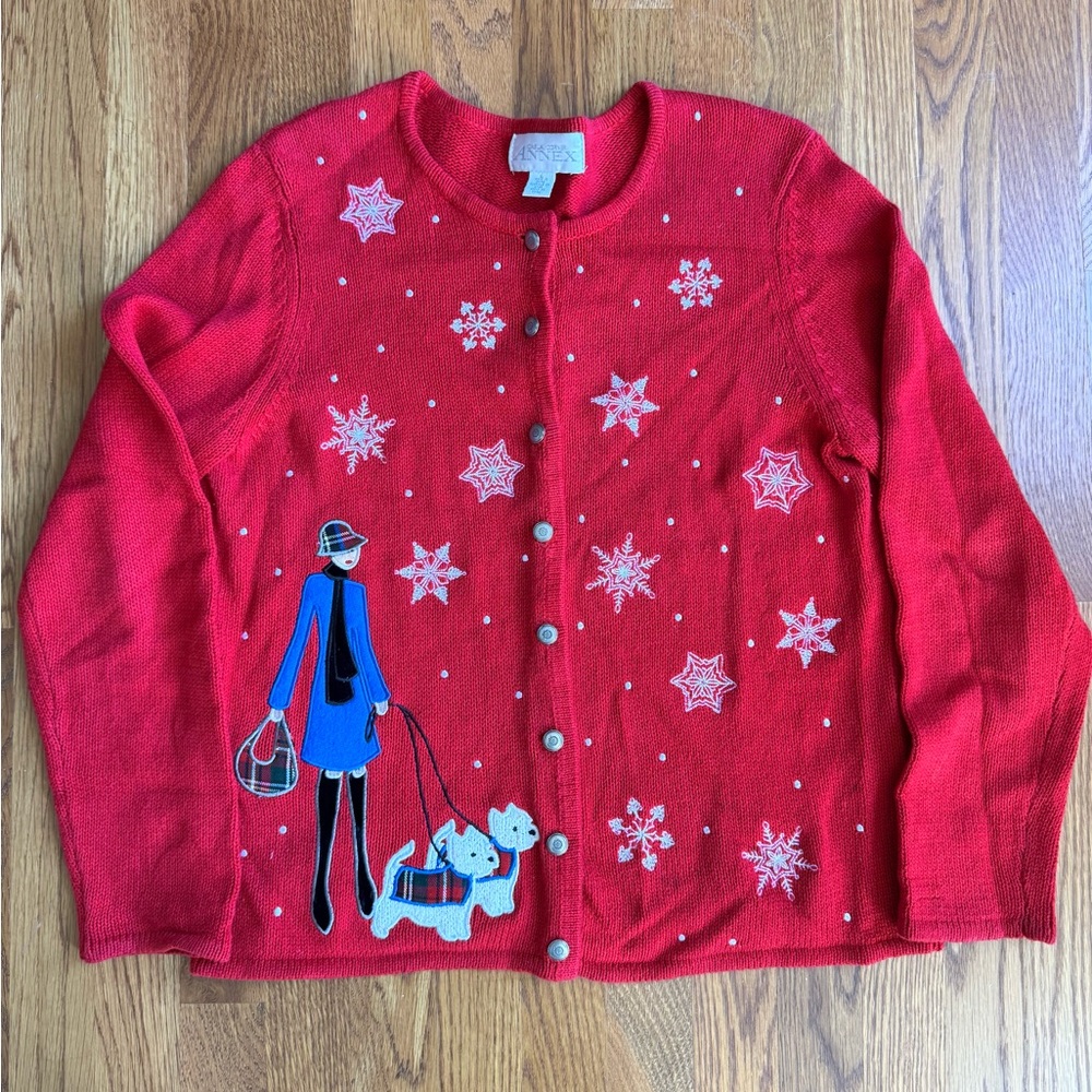 VINTAGE Casual Corner Annex Red Cardigan with Snowflake and Dog Walker Design